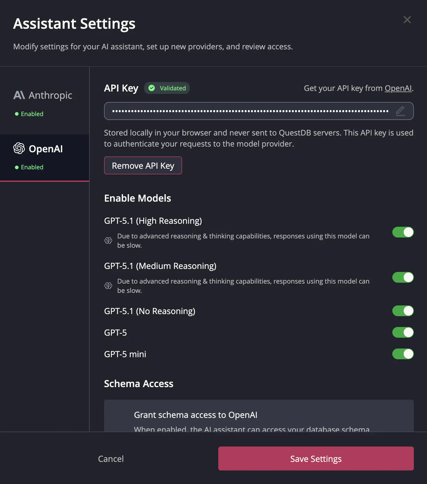 Settings modal for configuring the providers after initial setup